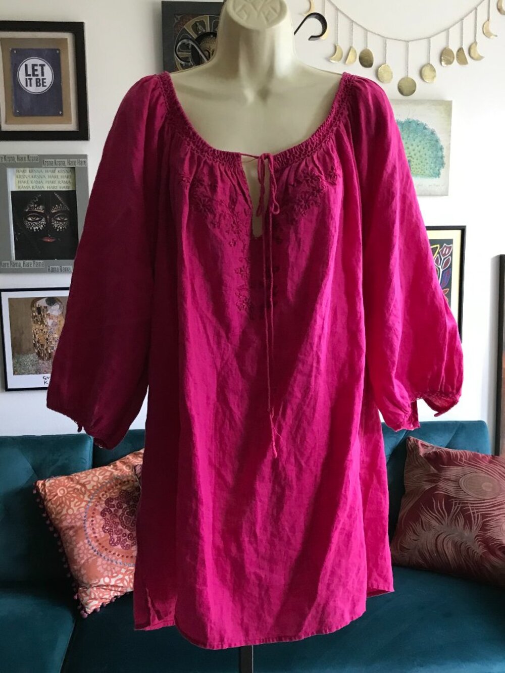 LAUREN Ralph Lauren size 3X Fuchsia Linen Embroidered Peasant Boho Top Tunic